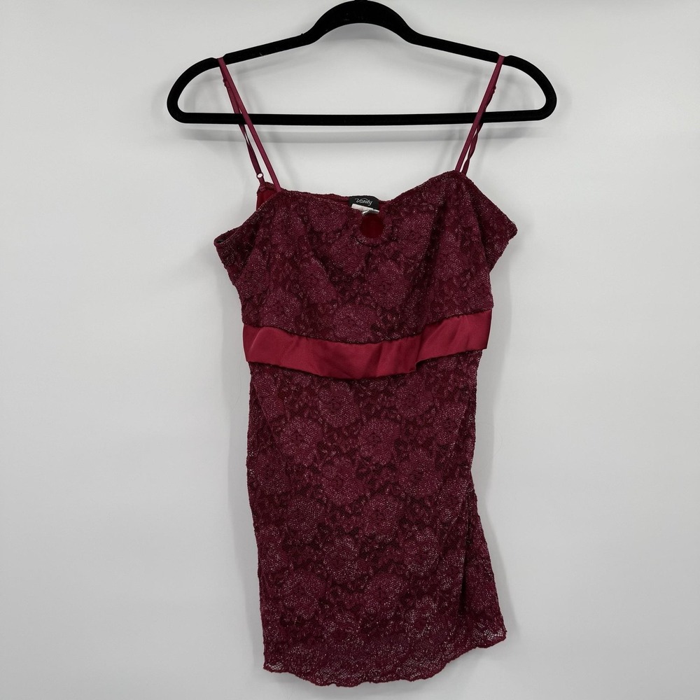 Vanity y2k Camisole Tank Womens L Red Lace Floral Lined Adjustable Straps Party